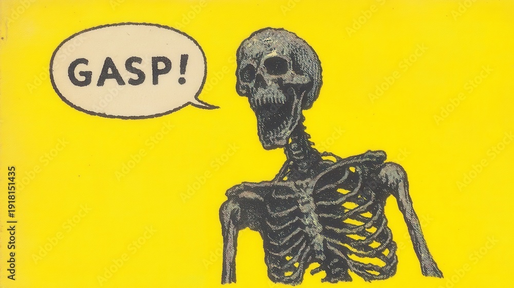 Obraz premium Skeleton character expressing surprise, cartoonish design, vibrant yellow background, humor theme, perfect for fun graphics.