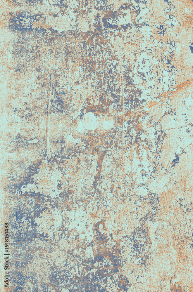 Fototapeta premium Vertical close-up of distressed plaster wall surface with peeling paint, cracks, and mottled grunge texture in pastel blue, beige, and rusty orange, copy space