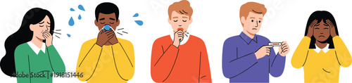 Illustration of sick people with symptoms, sneezing, coughing, fever, headache, health awareness concept - flavector