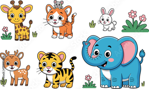 Cute cartoon baby animal collection with giraffe tiger elephant deer rabbit cat illustration for kids nursery education and branding projects