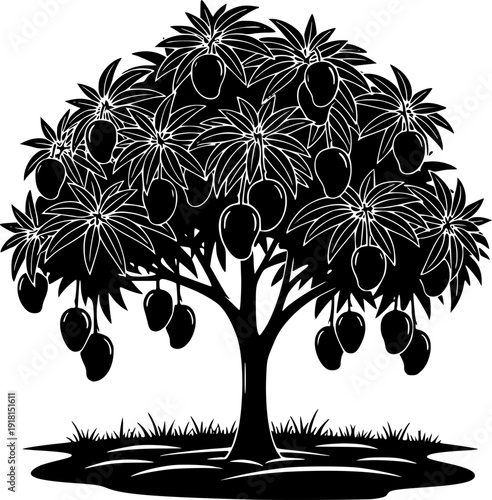 Black silhouette shows a leafy mango tree bearing ripe fruit on fertile land
