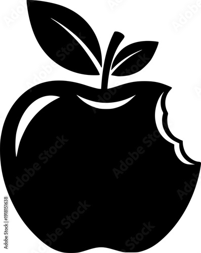 Simplified black apple silhouette with two bites removed and a pair of leaves
