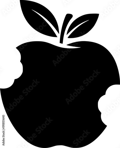 Simplified black apple silhouette with two bites removed and a pair of leaves
