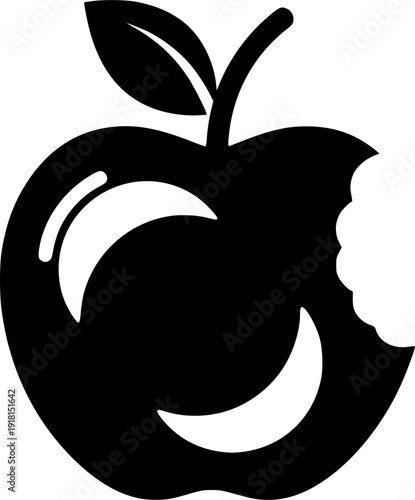 Simplified black apple silhouette with two bites removed and a pair of leaves
