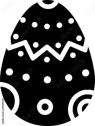 Black easter egg with white decorative shapes creates a simple yet modern visual
