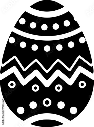 Black easter egg with white decorative shapes creates a simple yet modern visual
