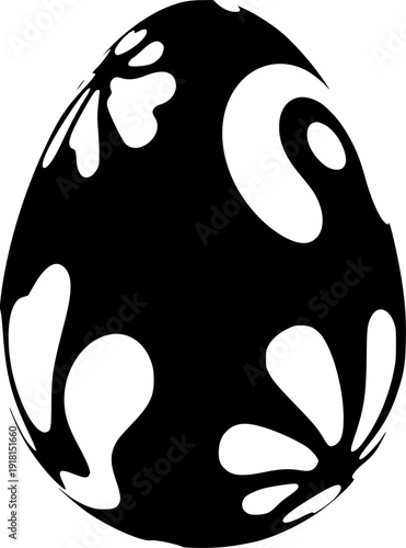 Black easter egg with white decorative shapes creates a simple yet modern visual

