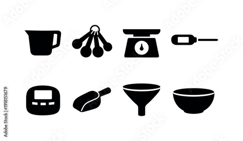 Kitchen food measuring tools: measuring cup, measuring spoon, kitchen scale, thermometer, timer, scoop, funnel, mixing bowl