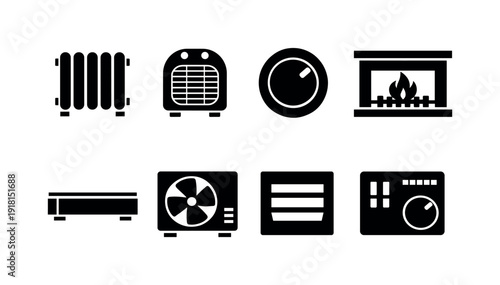 Home heating equipment: radiator, space heater, thermostat, fireplace insert, baseboard heater, heat pump, wall vent, heater control panel