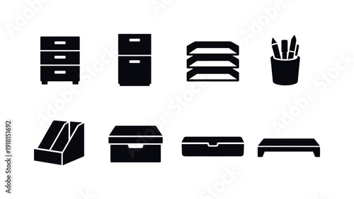 Office desk storage items: drawer unit, filing cabinet, document tray, pen holder, magazine rack, storage box, cable box, desktop shelf