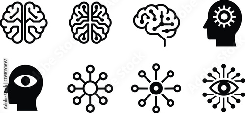 Brain and mind icons set with artificial intelligence neural network thinking head symbols black line vector illustration