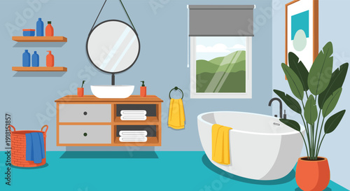 Modern bathroom interior design, cozy home washroom decor, bathtub vanity mirror plants, flat vector illustration