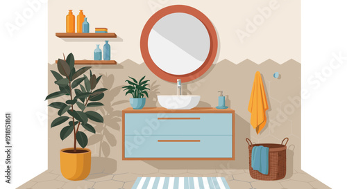 Modern bathroom interior with vanity, round mirror, plants, shelves, stylish decor, clean design - flavector