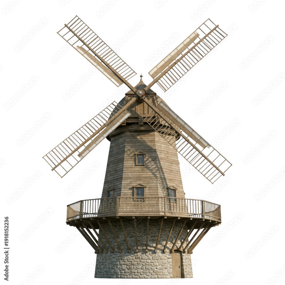 Obraz premium Classic wooden windmill with stone foundation, isolated on transparent background