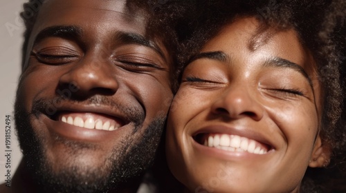 Joyful couple smiling together. Afro hairstyle brings warmth and happiness. Close-up captures genuine love and connection in studio light. Perfect for romantic content.
