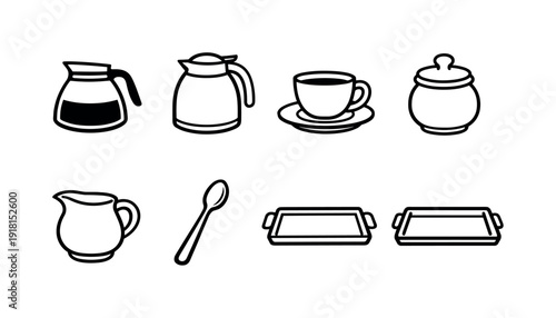 Home coffee serving items: coffee pot, thermal carafe, coffee cup, saucer plate, sugar jar, creamer jug, stirring spoon, serving tray