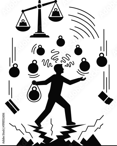 Balancing Act: A silhouette captures a figure juggling weights and scales, symbolizing the delicate act of balancing challenges with responsibility, and feeling the ground crumbling