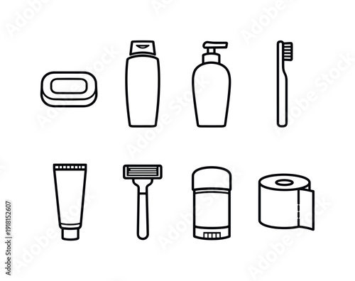 Home bathroom hygiene set: soap bar, shampoo bottle, conditioner bottle, toothbrush, toothpaste tube, shaving razor, deodorant stick, toilet paper