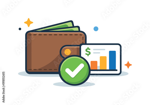 Mindful personal finance planning and expense visibility for everyday stability, a clean wallet paired with a small chart card and a checkmark