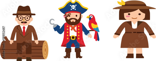 Cartoon explorer pirate and vintage characters adventure people vector illustration collection isolated design set