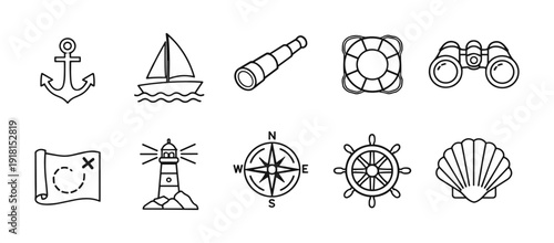 Nautical navigation and marine icon set, sailing, lighthouse, compass, sea travel