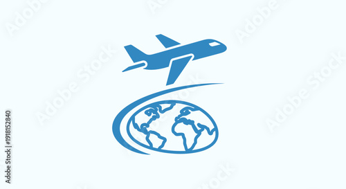 Blue Airplane Flying Above Earth Globe Icon for Global Travel and Logistics, on light blue background