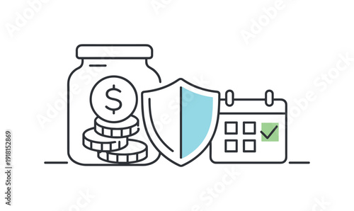 Mindful financial stability and emergency readiness in everyday personal planning focused on security, a savings jar paired with a small shield and