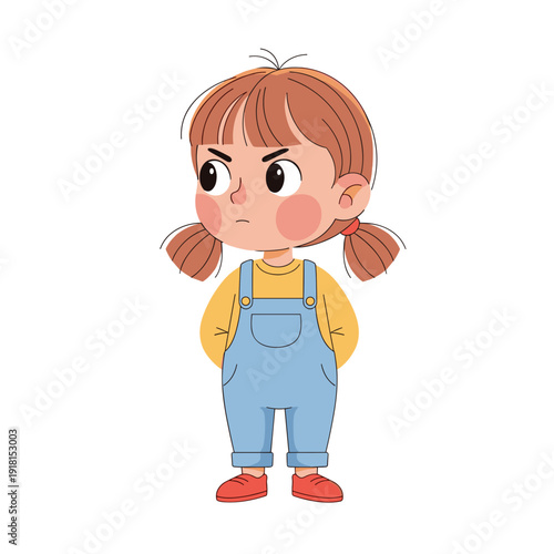 angry little girl with pigtails in denim overalls standing with hands behind back on white background, with copy space, for kids blogs, parenting websites and stickers