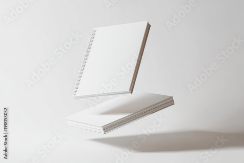 Blank white notebook and book mockups floating in a white photography studio background