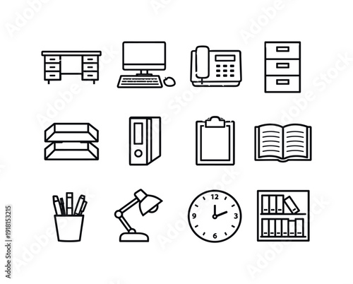 Customer account administration workspace in linear style: office desk, desktop computer, desk phone, filing cabinet, document tray, binder, clipboard