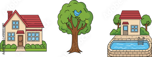 Cartoon house tree with bird and home swimming pool vector illustration isolated design collection