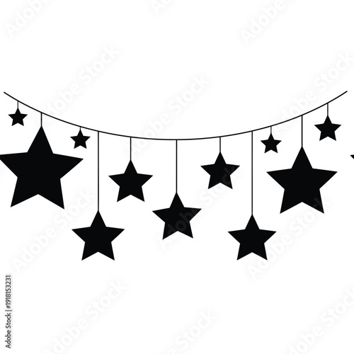 Stars hanging from a wire in a festive decoration display outdoors