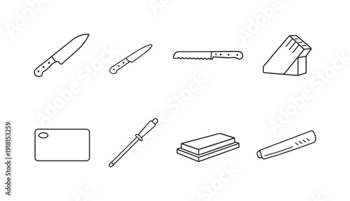 Kitchen knife prep tools: chef knife, paring knife, bread knife, knife block, cutting board, honing rod, sharpening stone, blade guard