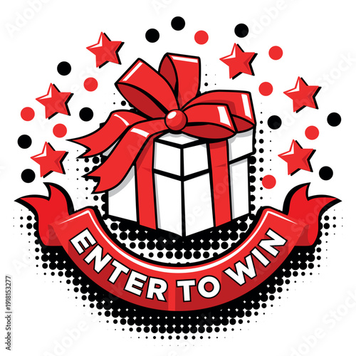 Enter to Win banner with gift box and ribbon. Give away vector ad on transparent background