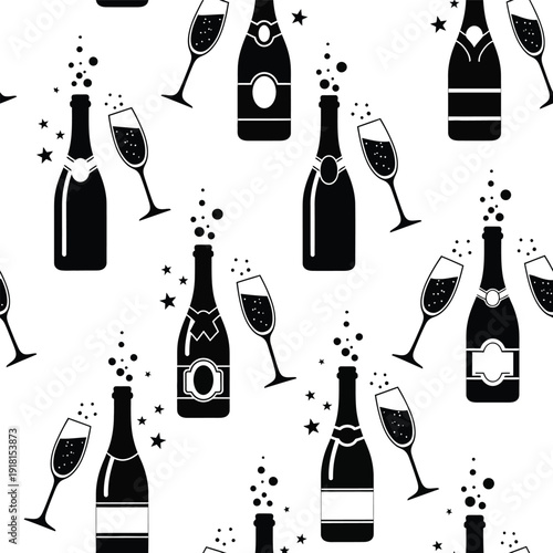 Celebratory wine and champagne bottles with glasses in a festive pattern