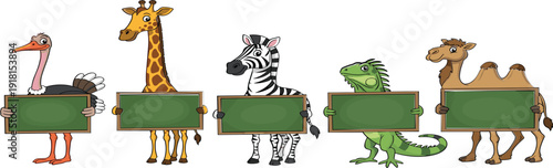 Cartoon safari animals holding blank sign boards ostrich giraffe zebra iguana camel vector illustration set