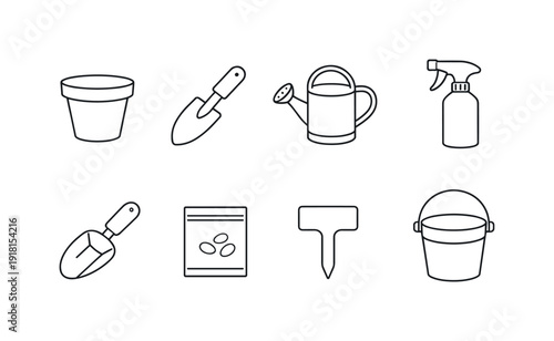 Garden planting starter kit: plant pot, hand trowel, watering can, spray bottle, soil scoop, seed packet, plant label, garden bucket