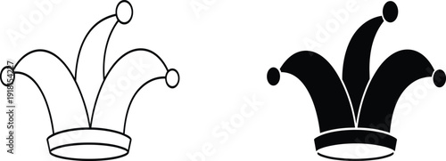 Jester hat vector icon set, black and white carnival clown cap symbols for festival and circus