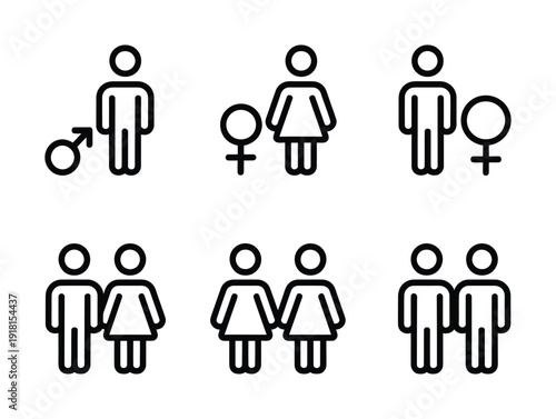 Vector illustration showing gender and couple symbols for restroom signage