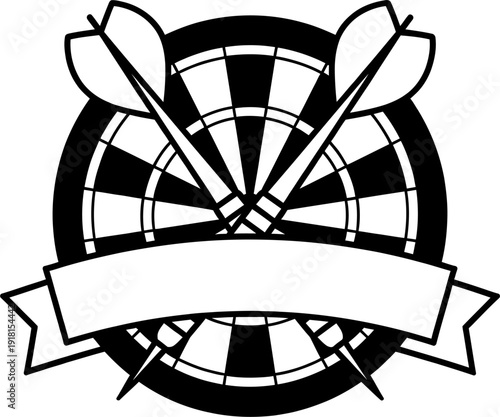 Darts board with crossed arrows and ribbon banner, pub game club emblem, bar tournament logo template, monochrome design