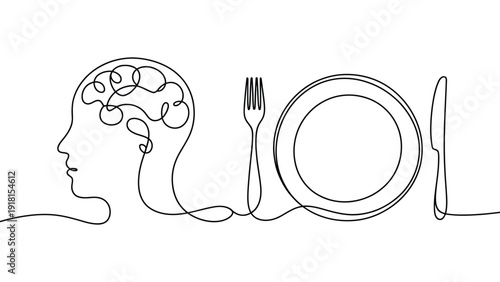 Continuous line drawing of human head with brain and dining plate fork knife, mindful eating nutrition and mental health concept