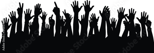 Raised hands silhouette illustration, crowd icon group participation voting volunteering collective action gesture design, vector artwork, social and lifestyle theme, isolated background