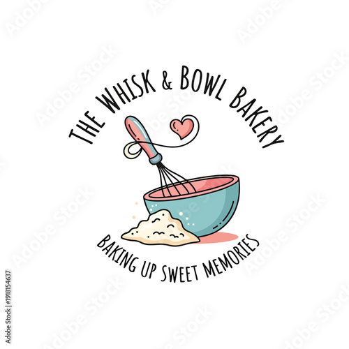 Charming vector illustration of baking tools, a whisk and bowl, for a sweet bakery logo design.