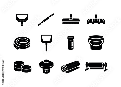 Swimming pool maintenance equipment: pool skimmer, telescopic pole, pool brush, vacuum head, vacuum hose, leaf net, test strip vial, chemical bucket