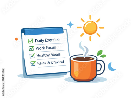 Healthy daily routine and personal productivity centered on maintaining balance between work and rest, a checklist next to a coffee cup and a small