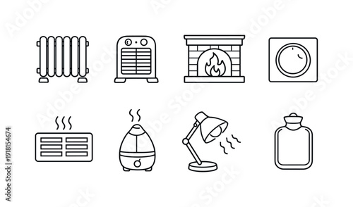 Home heating items: radiator, space heater, fireplace, thermostat, heater vent, humidifier, heat lamp, hot water bottle