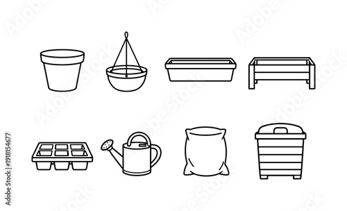 Outdoor gardening containers: plant pot, hanging planter, window box, raised bed, seed tray, watering can, soil bag, compost bin