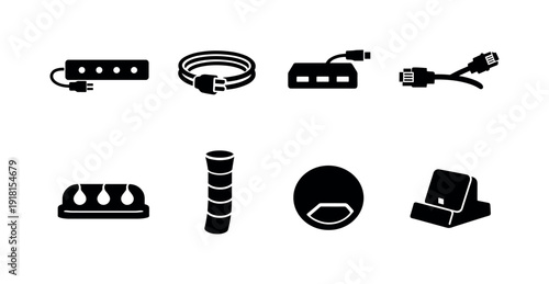 Office workstation cables: power strip, extension cord, USB hub, ethernet cable, cable clip, cable sleeve, desk grommet, charging dock