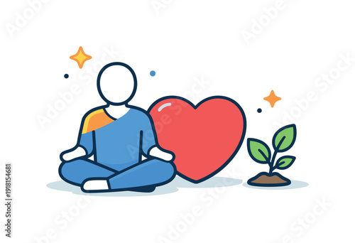 Personal wellness planning and stress reduction for busy lifestyles, a calm human figure seated beside a heart and a small plant symbolizing self-care