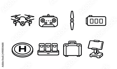 Drone accessories: quadcopter drone, remote controller, spare propeller, battery pack, charging hub, landing pad, carrying case, tablet mount